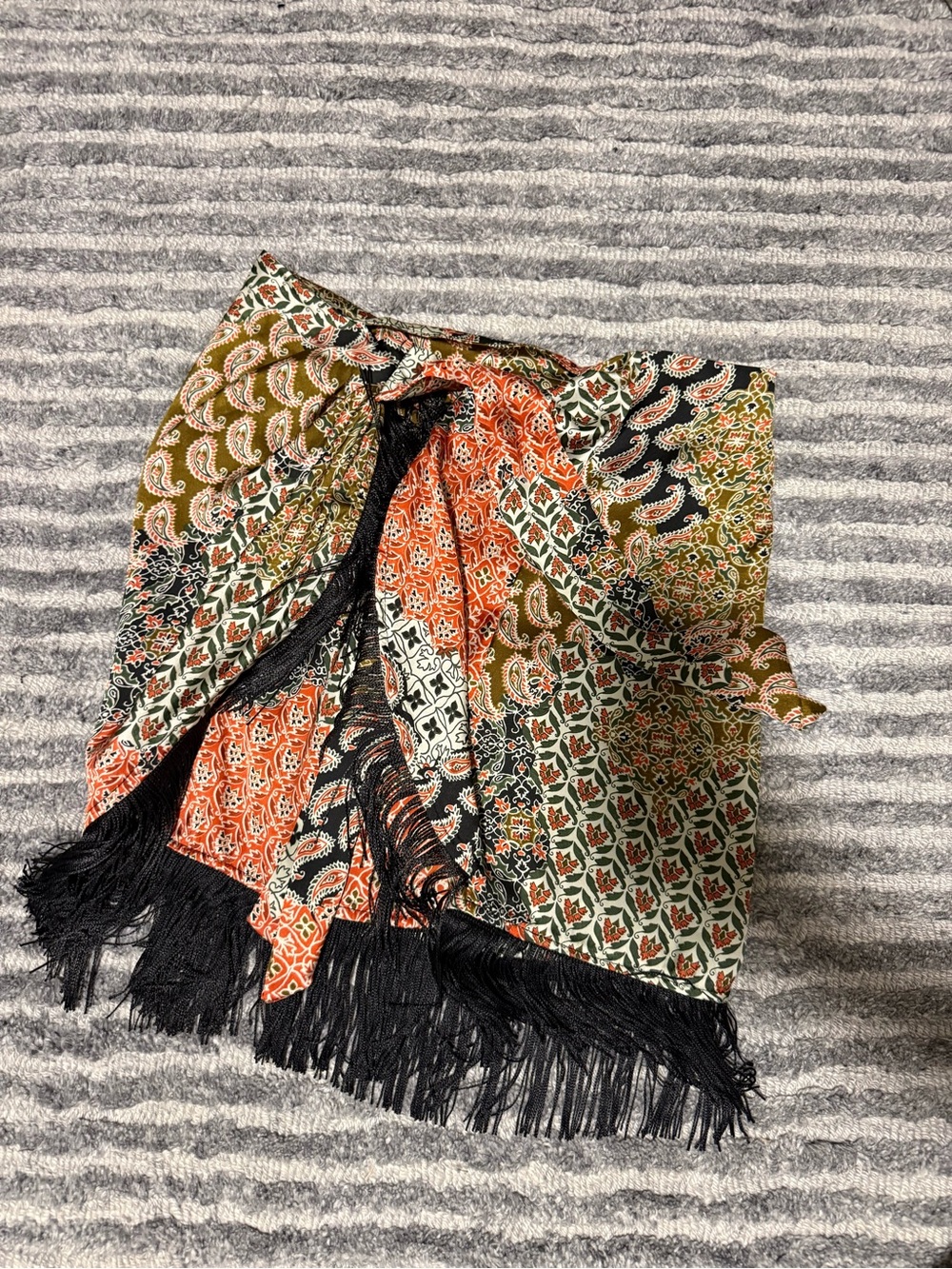 Zara Fringe Mini Skirt with Orange, Green & Black Paisley Print